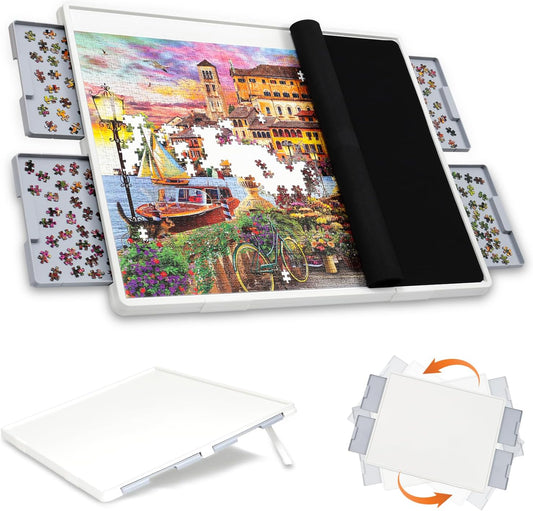 Large Adjustable Puzzle Board with Tilting and Rotating Surface, Drawers, and Protective Cover – Portable Jigsaw Table