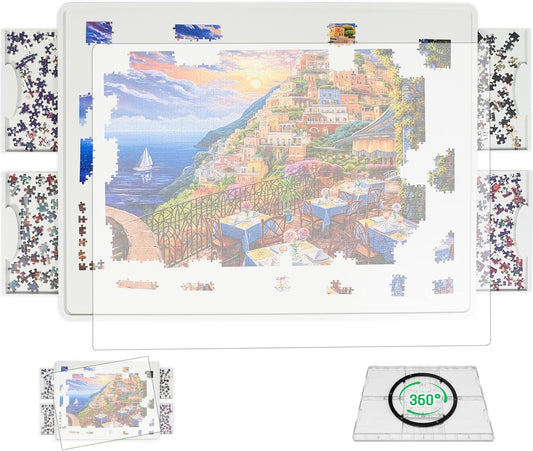 Large Lightweight Rotating Puzzle Board with Sliding Drawers and Protective Cover – Portable Jigsaw Work Surface