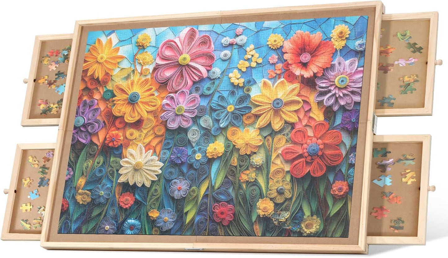 Compact Rotating Wooden Puzzle Board with Storage Drawers – Portable Jigsaw Work Surface