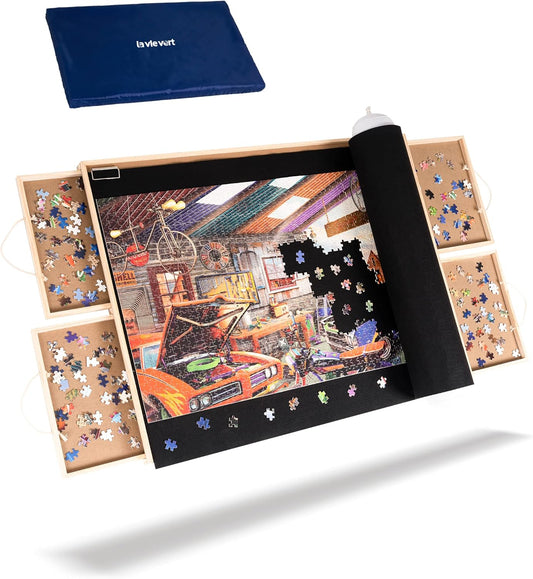 Large Wooden Puzzle Table with Storage Drawers and Protective Cover – Portable Jigsaw Work Surface