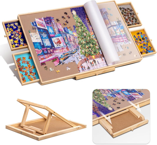 Adjustable Wooden Puzzle Table with Storage Drawers and Protective Cover – Portable Jigsaw Work Surface