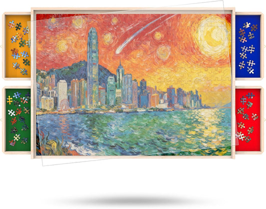 Large 360° Rotating Wooden Puzzle Board with Storage Drawers and Protective Cover – Portable Jigsaw Organizer