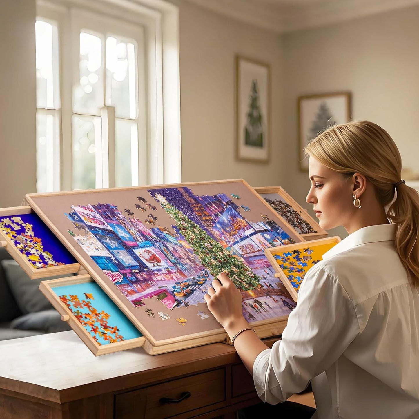 Adjustable Wooden Puzzle Table with Storage Drawers and Protective Cover – Portable Jigsaw Work Surface