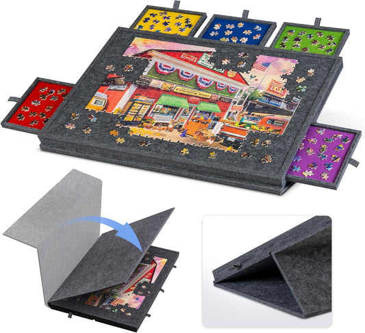 Lightweight Tilting Puzzle Board with Storage Drawers and Protective Cover – Portable Felt Jigsaw Surface